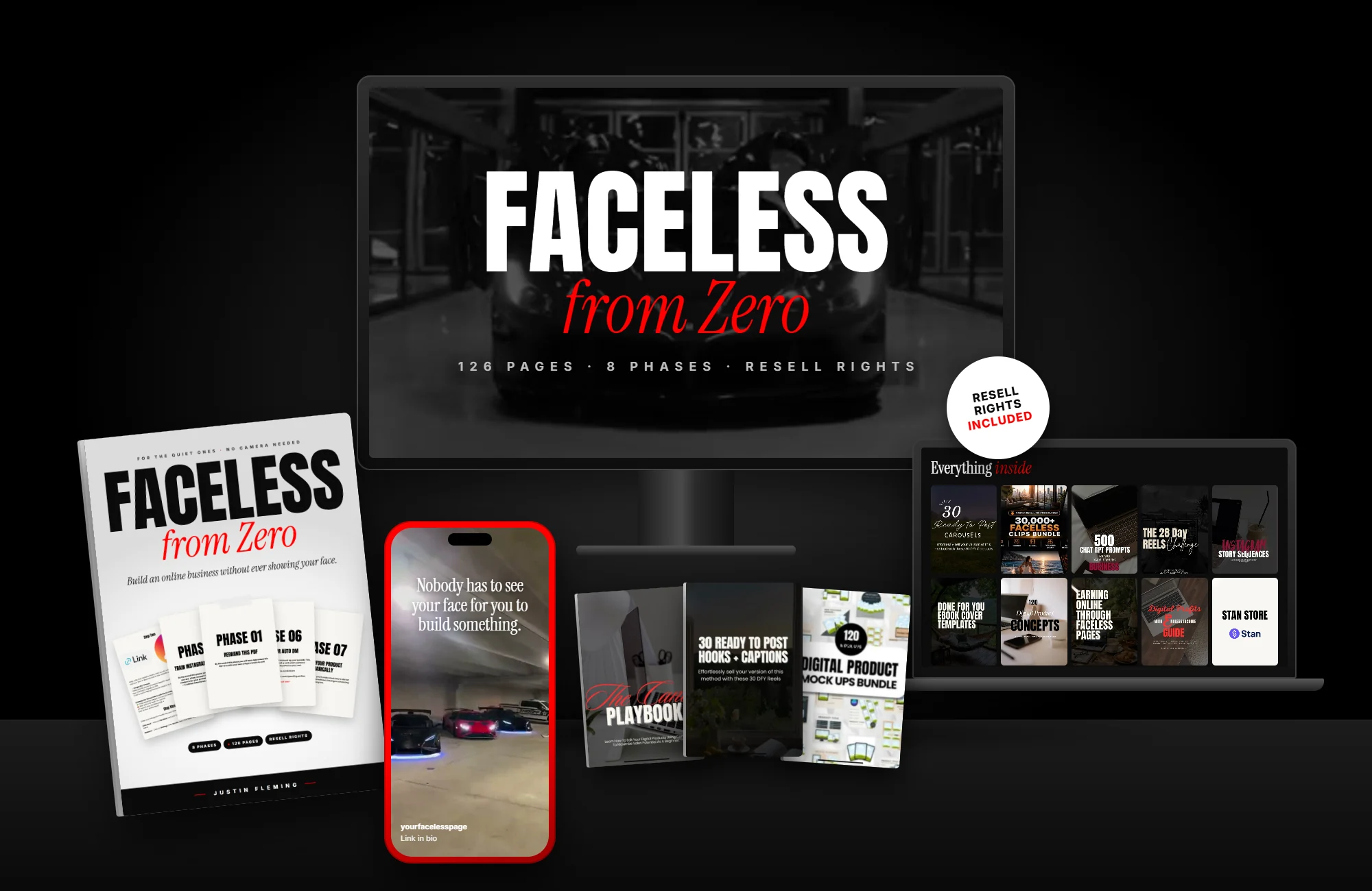 The full bundle on a monitor, laptop, phone and printed guides